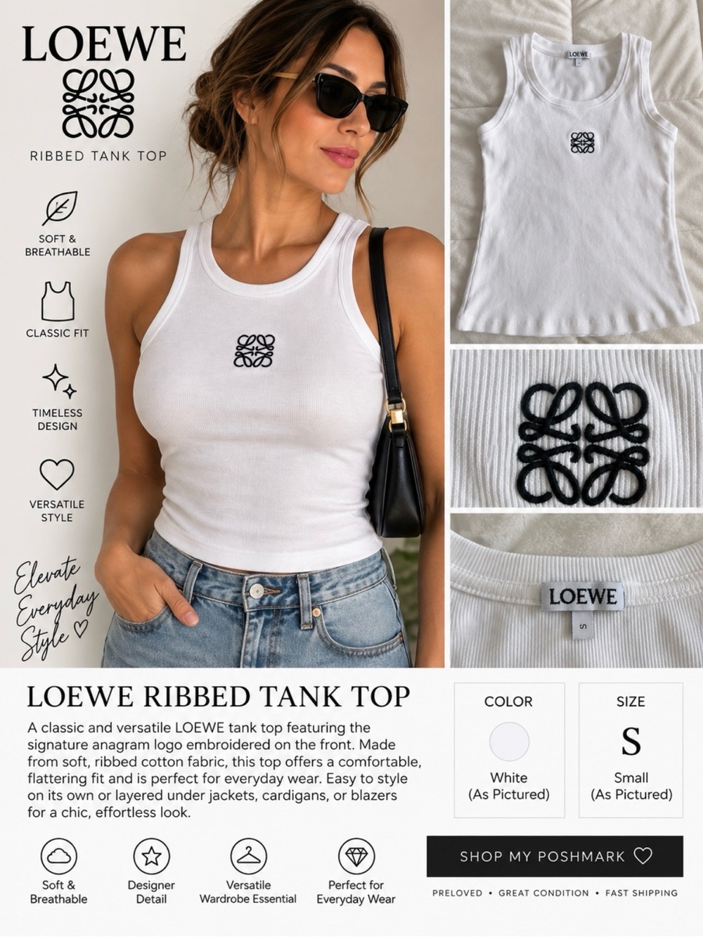 Loewe White Ribbed Tank Top with Black Anagram Logo